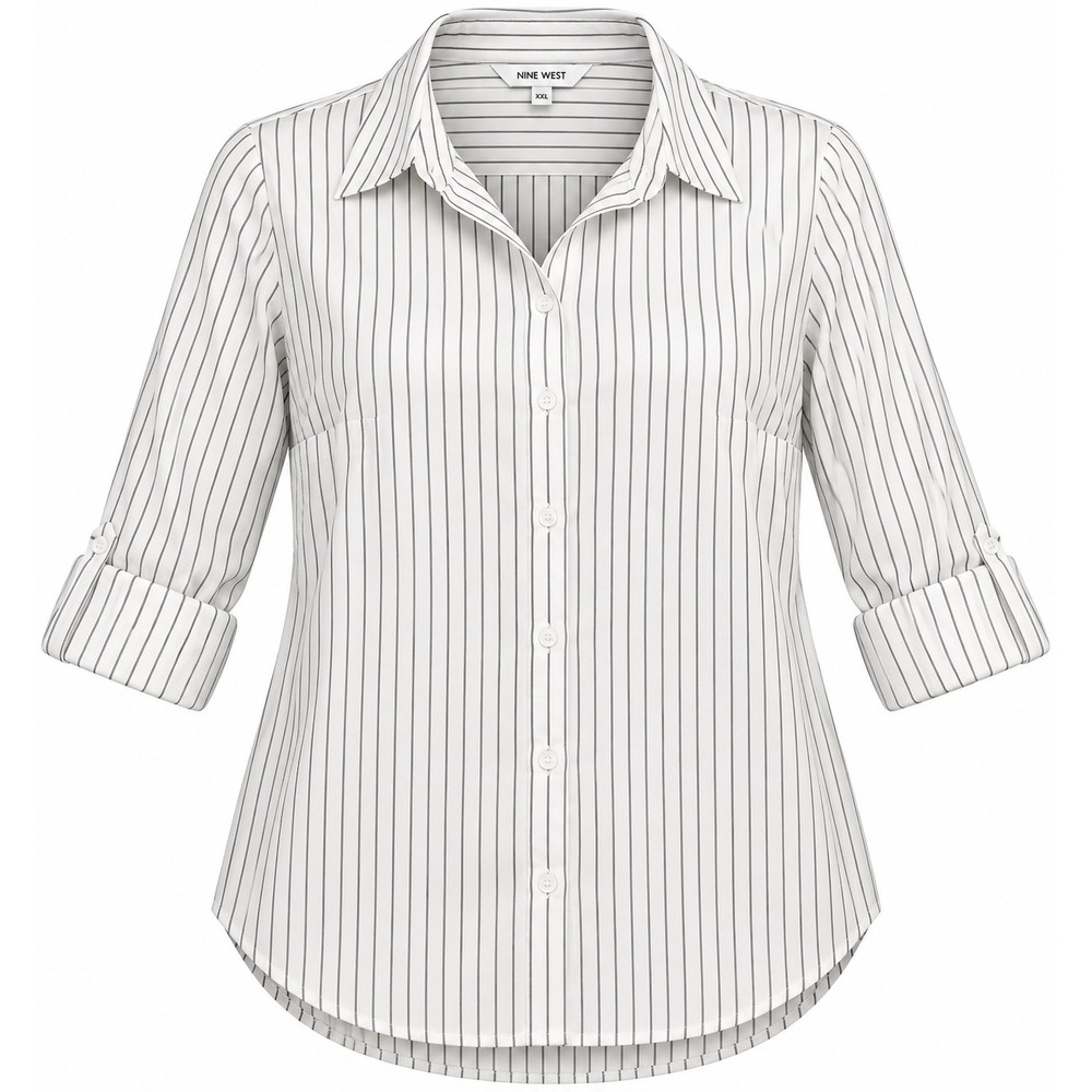 Nine West Women's XXL White Black Pinstripe Button Down Shirt Roll Tab Sleeve